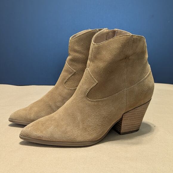 Lucky Brand Ellamy Suede Leather Ankle Boots Western Cowboy Booties Tan Brown 8 - Picture 1 of 5